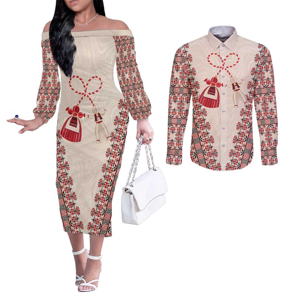 Bulgarian Martenitsa Couples Matching Off The Shoulder Long Sleeve Dress and Long Sleeve Button Shirt Tradition March 1st Chestita Baba Marta