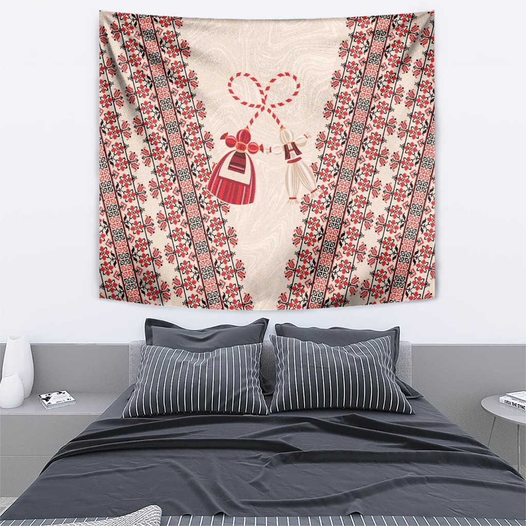 Beige tapestry with red patterned borders and hanging doll figures
