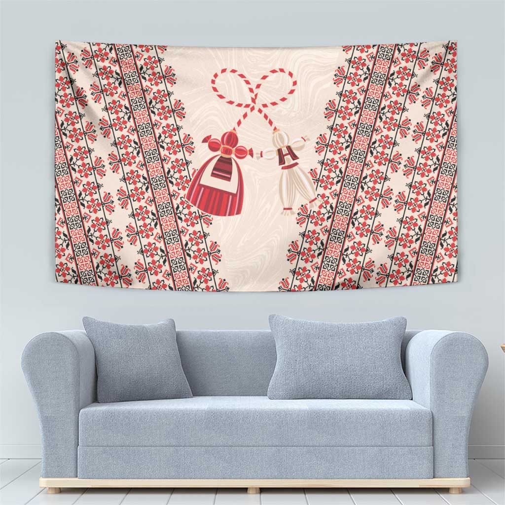 Beige tapestry with red floral stripes and central folk dolls