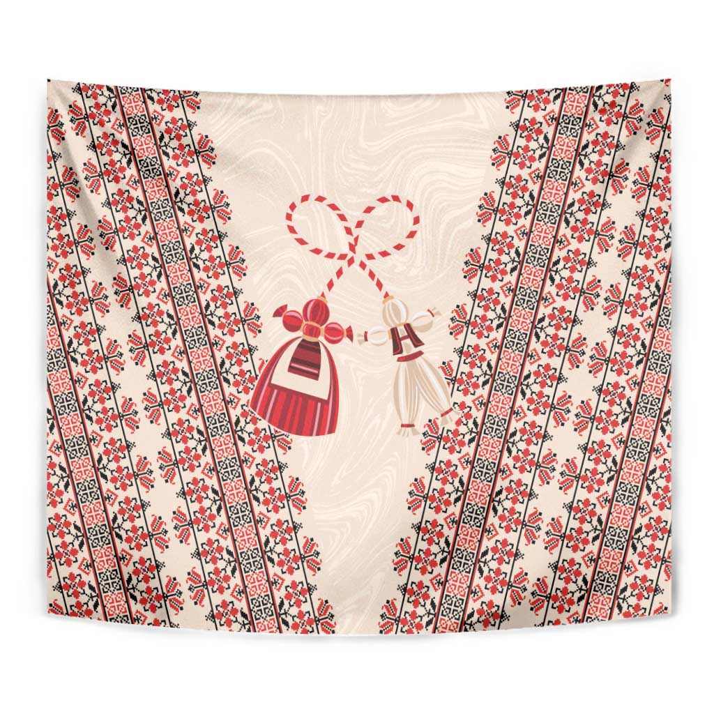 Beige tapestry corner view with red floral stripes and central ribbon symbol