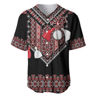 Black baseball jersey with Romanian folk art pattern, V-neck and short sleeves