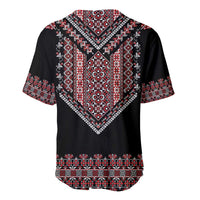 Black baseball jersey with Romanian folk art back print, V-neck and short sleeves