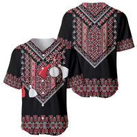 Pair of black baseball jerseys with Romanian folk art prints, V-neck short sleeves
