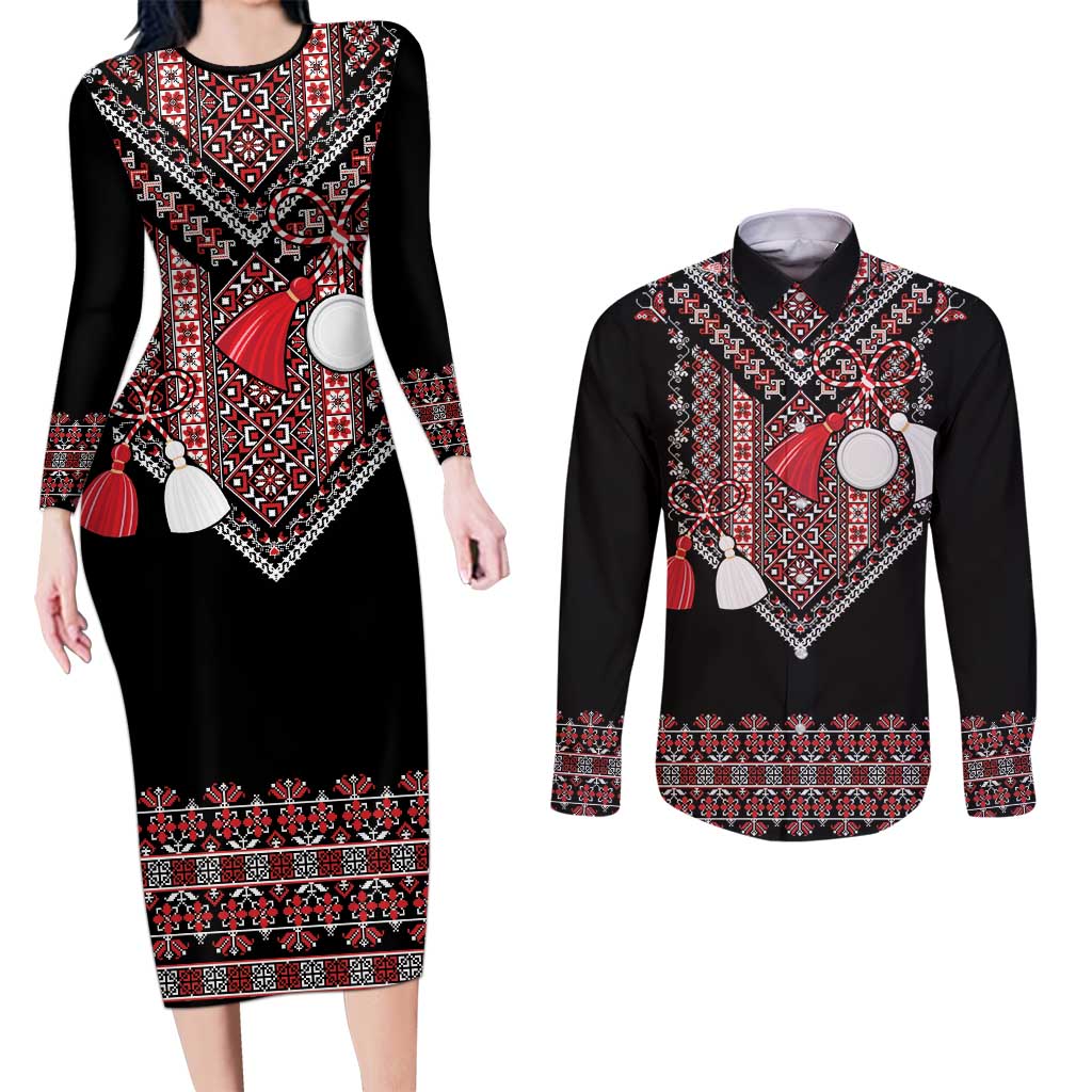 Martenitsa Martisor Day Couples Matching Long Sleeve Bodycon Dress and Long Sleeve Button Shirt Traditional Romanian Folk Art