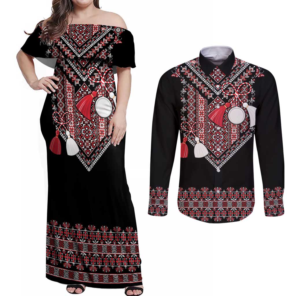 Martenitsa Martisor Day Couples Matching Off Shoulder Maxi Dress and Long Sleeve Button Shirt Traditional Romanian Folk Art