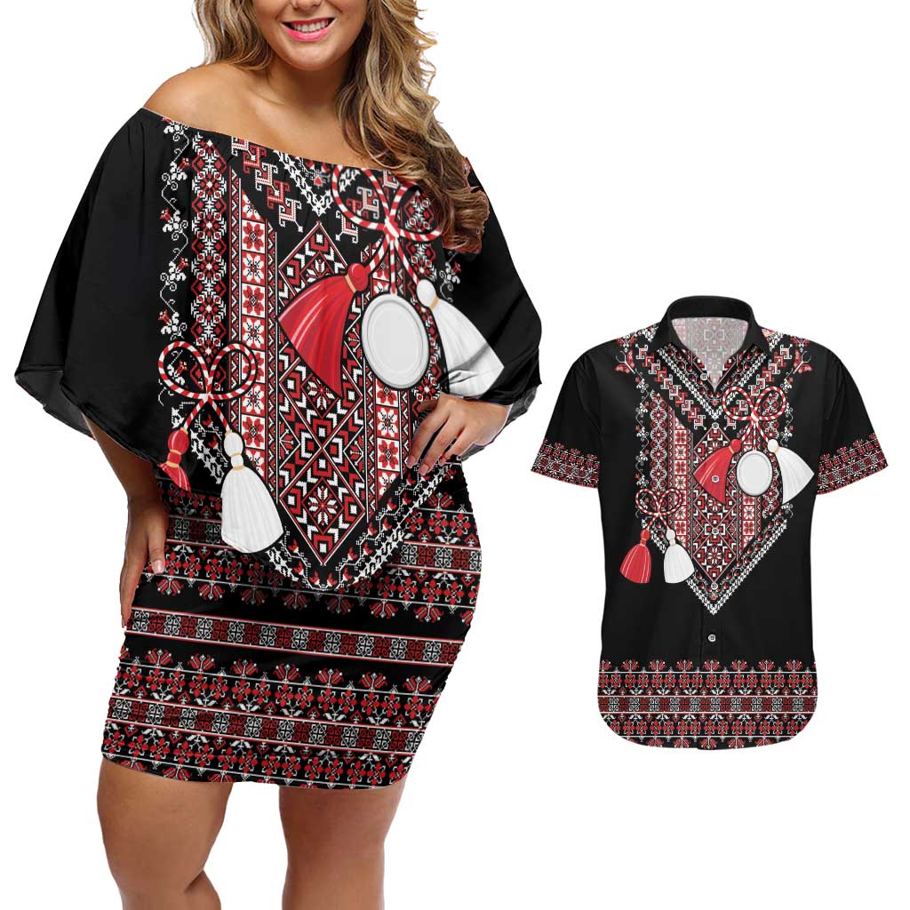 Martenitsa Martisor Day Couples Matching Off Shoulder Short Dress and Hawaiian Shirt Traditional Romanian Folk Art