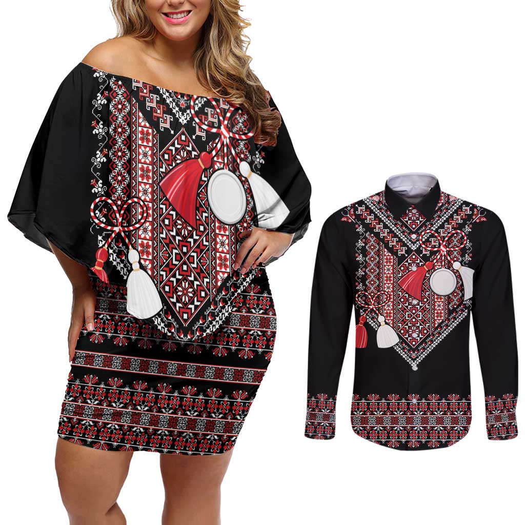 Martenitsa Martisor Day Couples Matching Off Shoulder Short Dress and Long Sleeve Button Shirt Traditional Romanian Folk Art