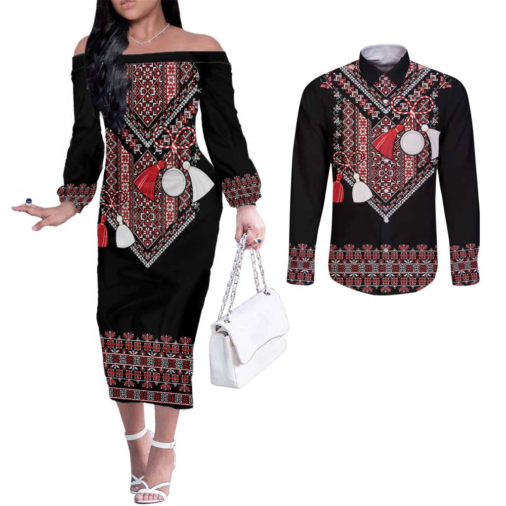 Martenitsa Martisor Day Couples Matching Off The Shoulder Long Sleeve Dress and Long Sleeve Button Shirt Traditional Romanian Folk Art