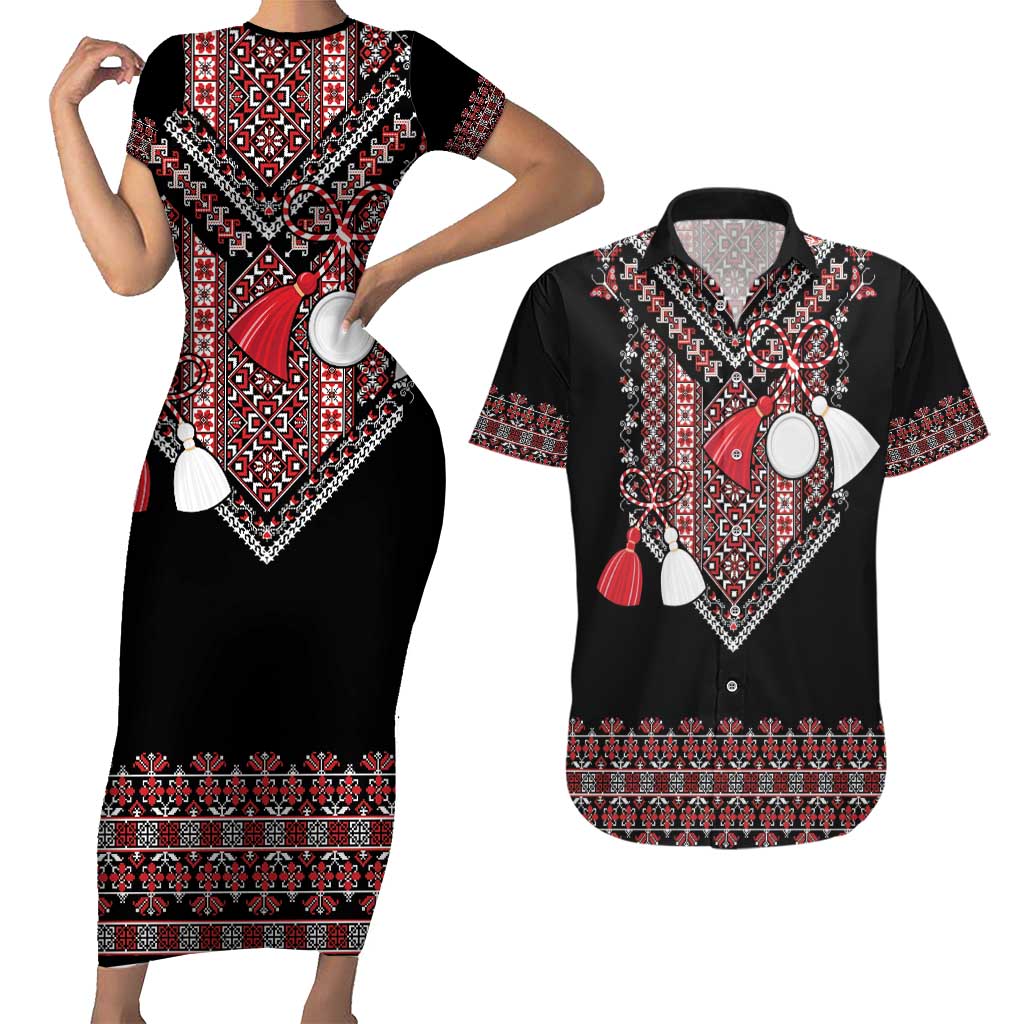 Martenitsa Martisor Day Couples Matching Short Sleeve Bodycon Dress and Hawaiian Shirt Traditional Romanian Folk Art