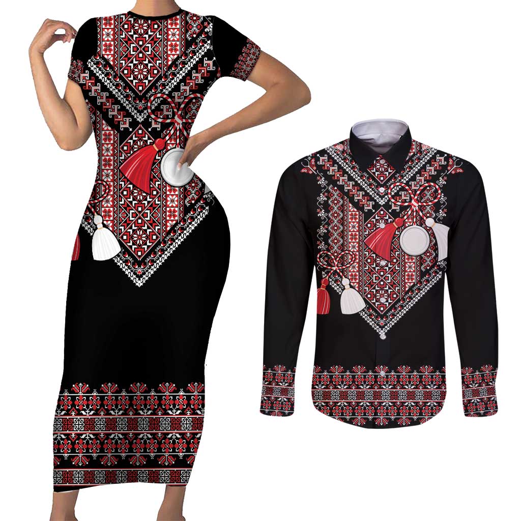 Martenitsa Martisor Day Couples Matching Short Sleeve Bodycon Dress and Long Sleeve Button Shirt Traditional Romanian Folk Art