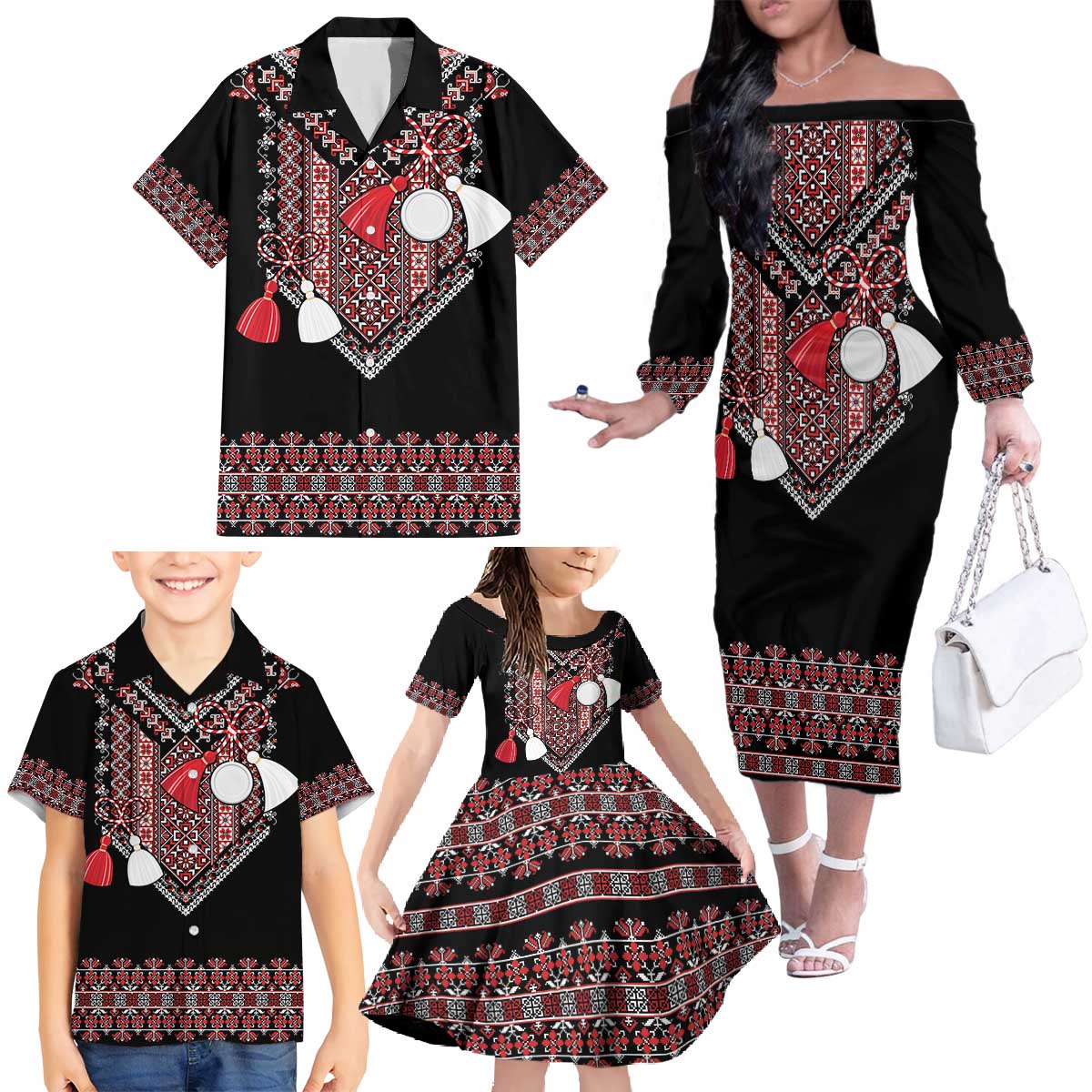 Martenitsa Martisor Day Family Matching Off The Shoulder Long Sleeve Dress and Hawaiian Shirt Traditional Romanian Folk Art