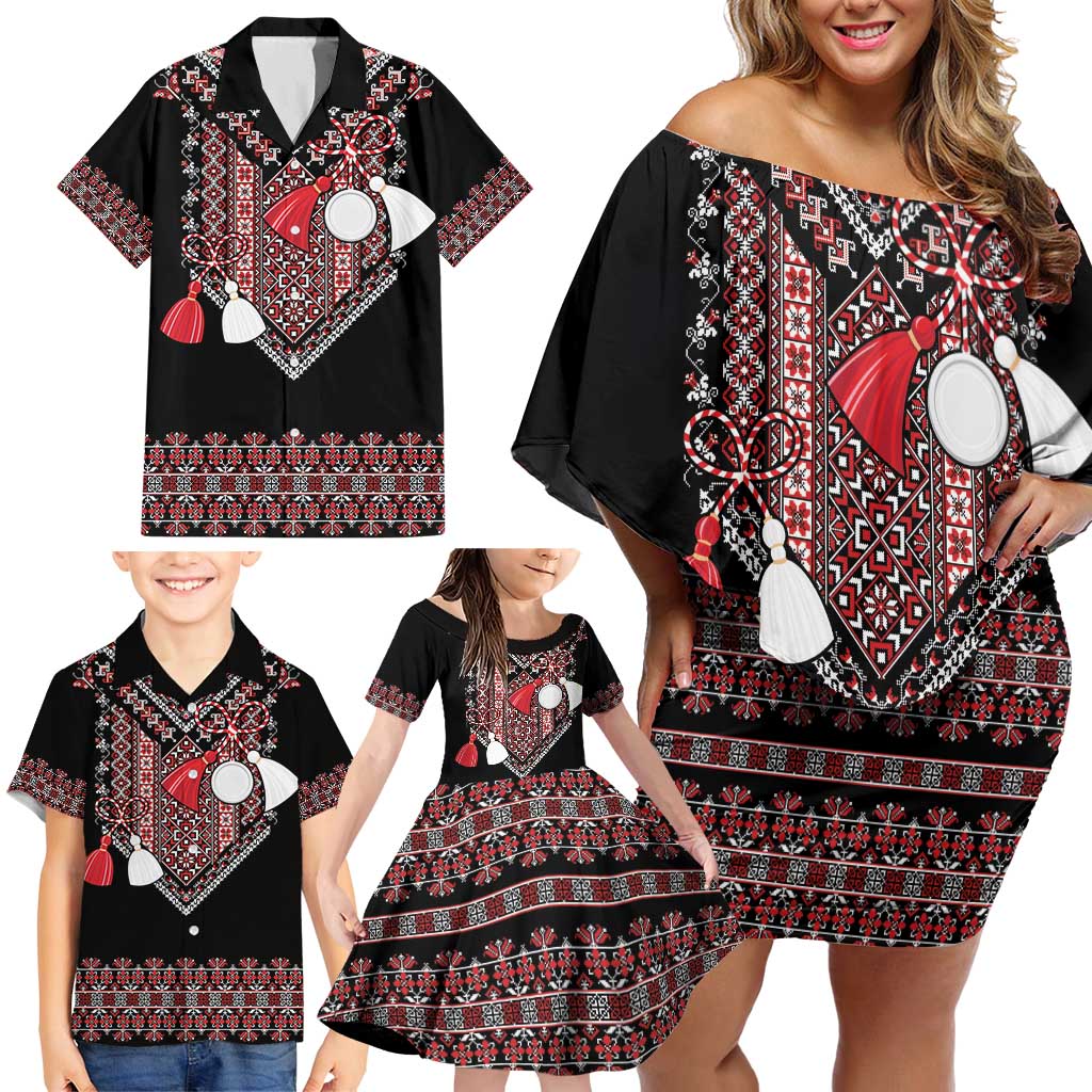 Martenitsa Martisor Day Family Matching Off Shoulder Short Dress and Hawaiian Shirt Traditional Romanian Folk Art