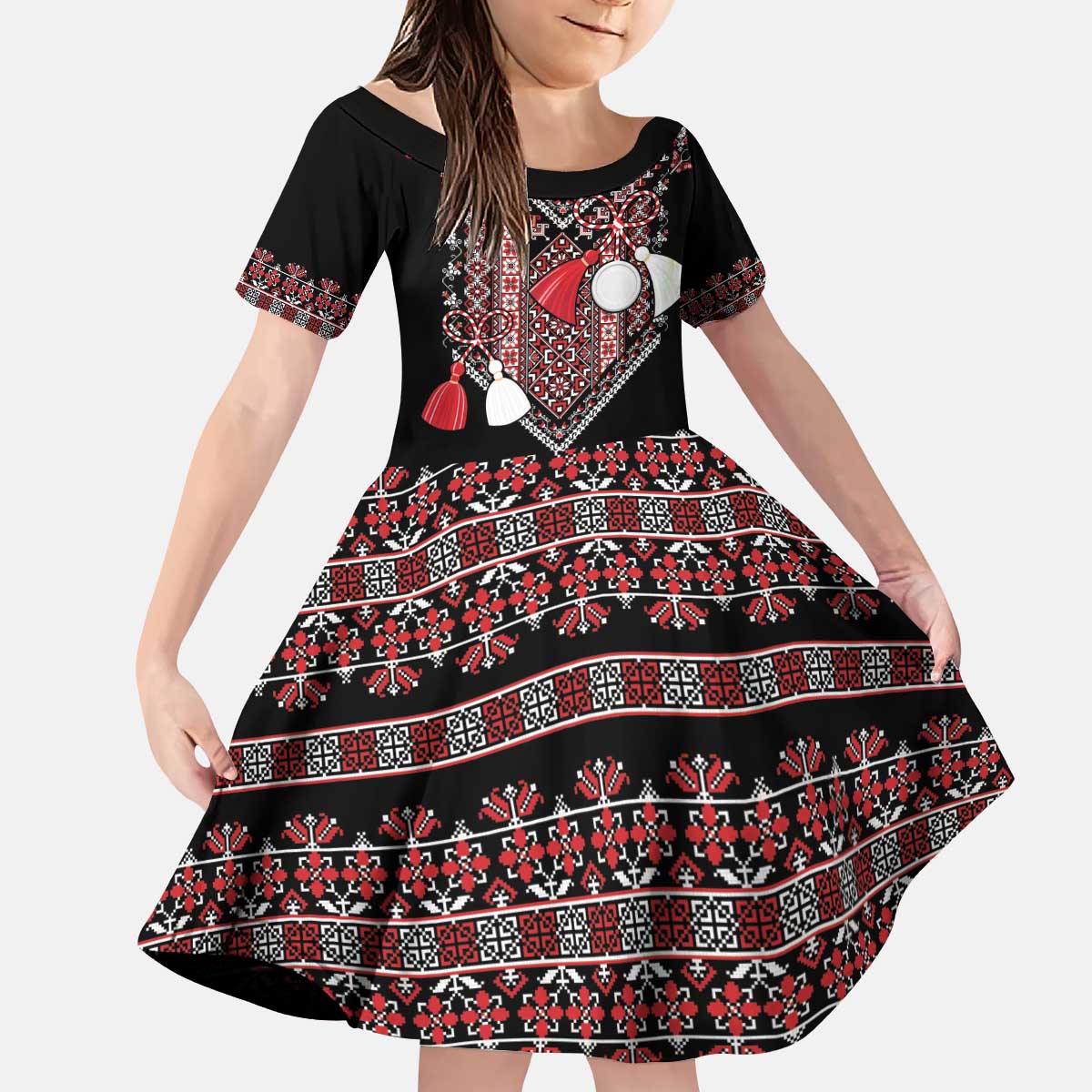 Martenitsa Martisor Day Kid Short Sleeve Dress Traditional Romanian Folk Art