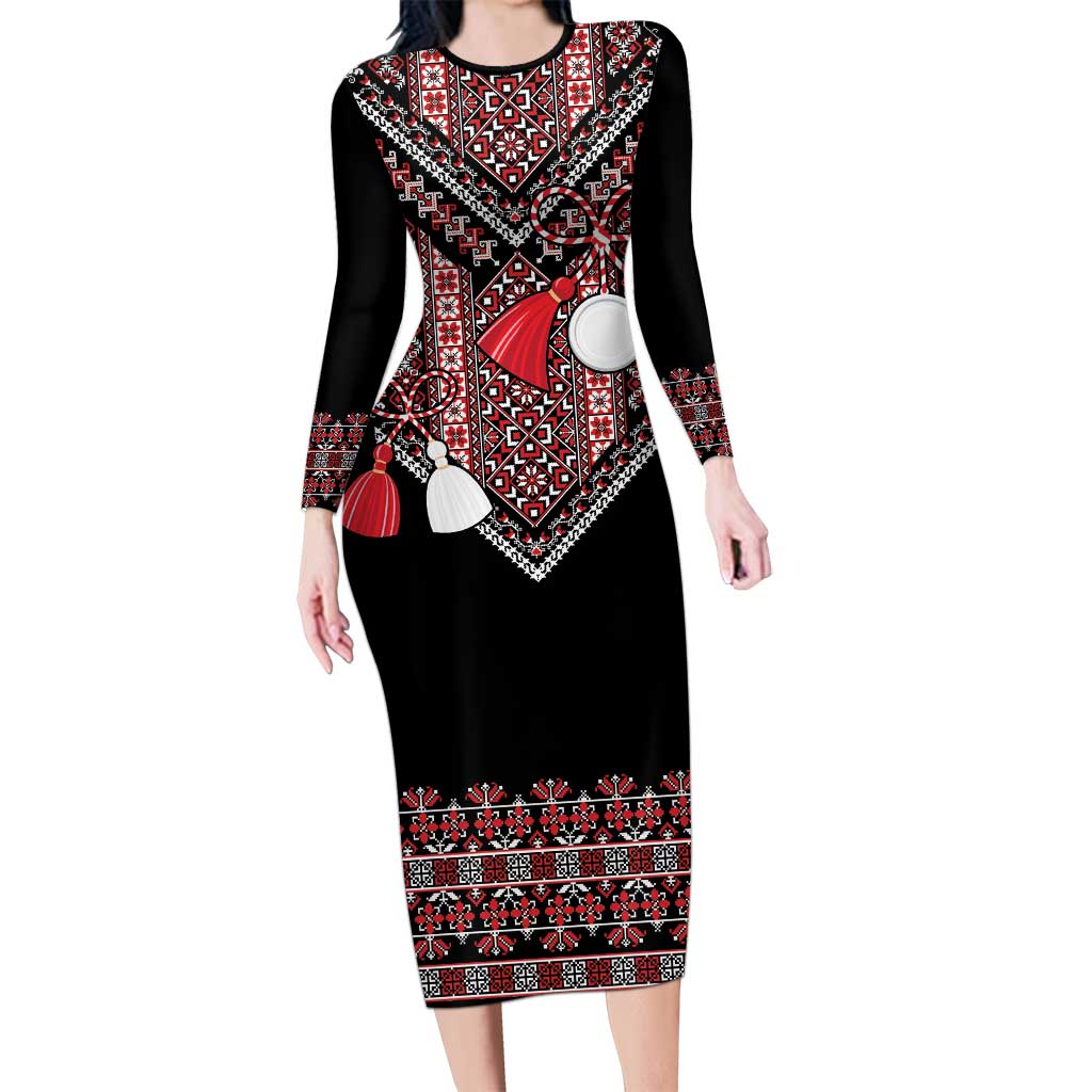 Martenitsa Martisor Day Long Sleeve Bodycon Dress Traditional Romanian Folk Art