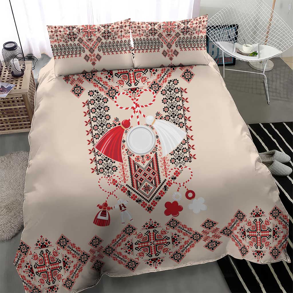 Beige duvet cover featuring a large red heart-like folk motif with geometric embroidery borders