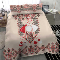 Beige duvet cover featuring a large red heart-like folk motif with geometric embroidery borders