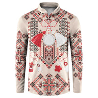 Beige long-sleeve sweatshirt with traditional Romanian folk print and button placket