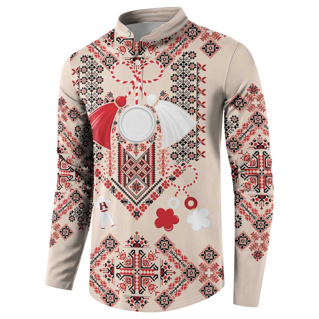 Beige long-sleeve sweatshirt with folk print, high collar, and button placket
