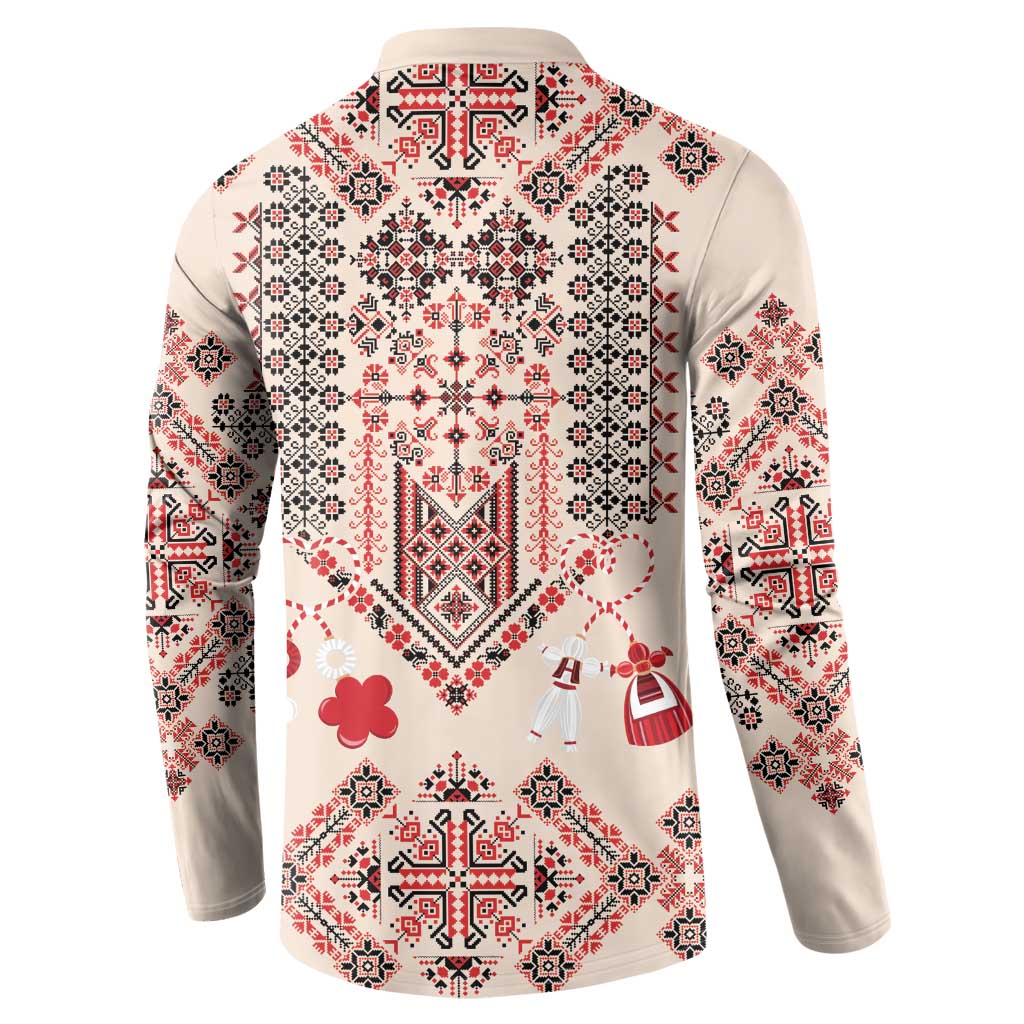 Beige long-sleeve sweatshirt with traditional folk print on back and red heart motif