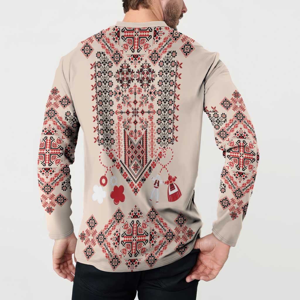 Beige long-sleeve sweatshirt back on model, with folk embroidery print and heart motifs