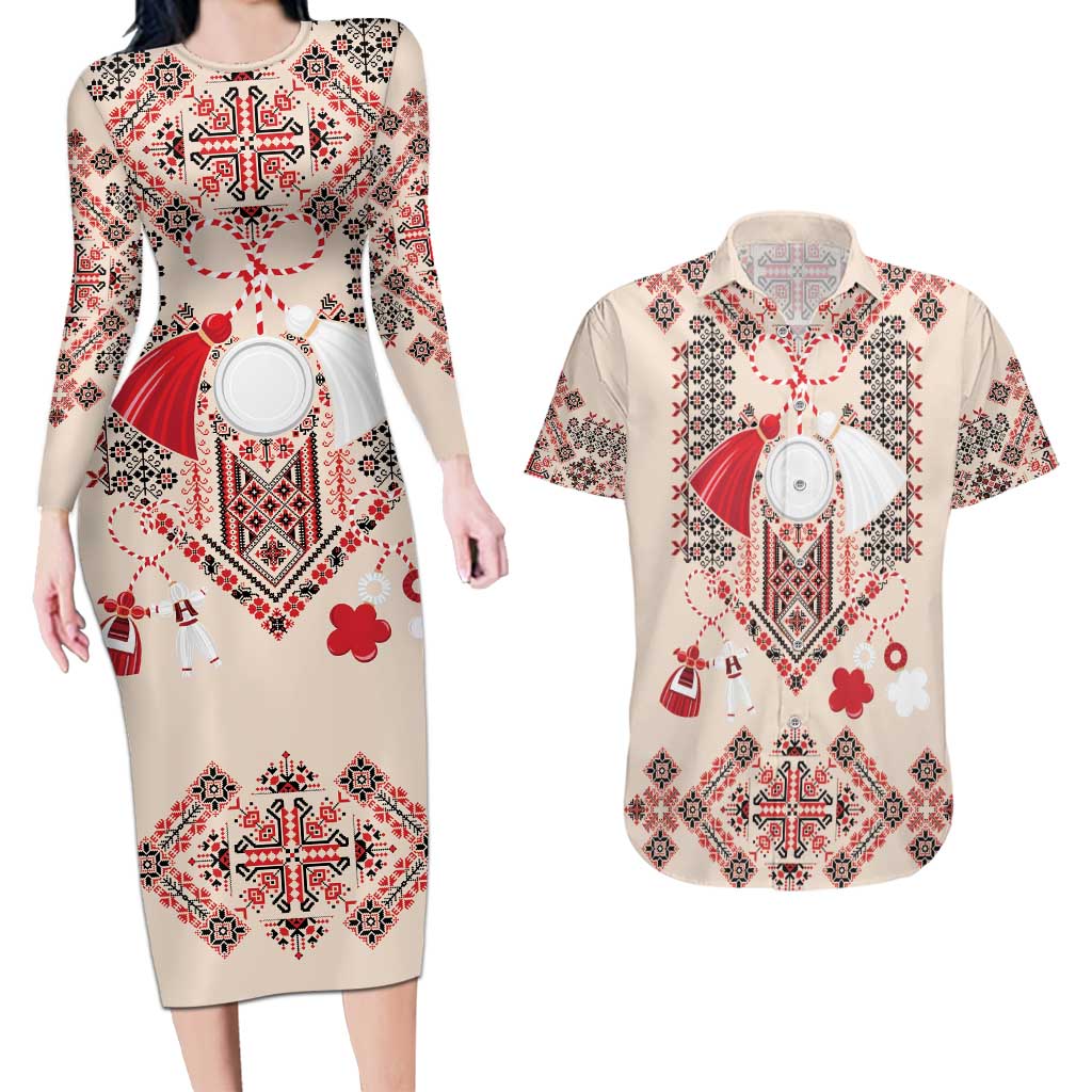 Vintage Martisor Day Martenitsa Couples Matching Long Sleeve Bodycon Dress and Hawaiian Shirt Traditional Romanian Embroidery No1