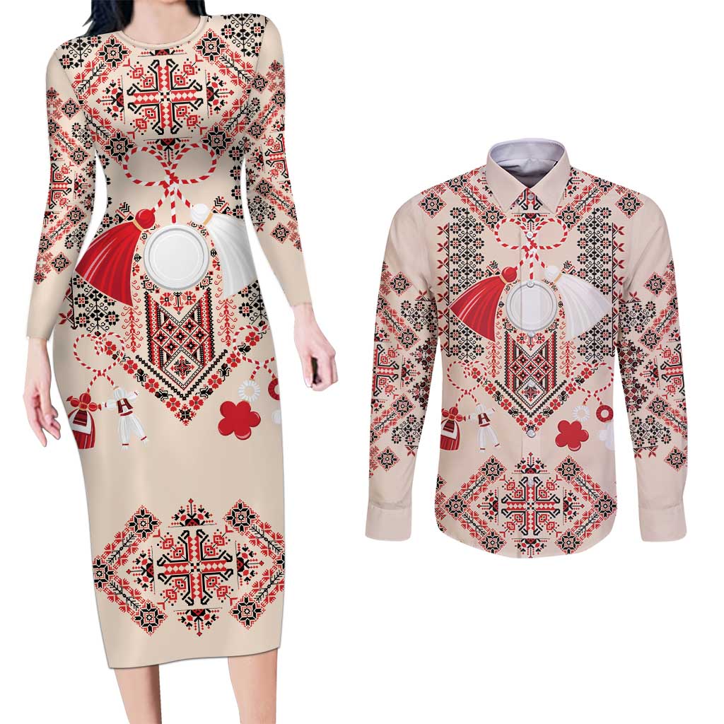 Vintage Martisor Day Martenitsa Couples Matching Long Sleeve Bodycon Dress and Long Sleeve Button Shirt Traditional Romanian Embroidery No1