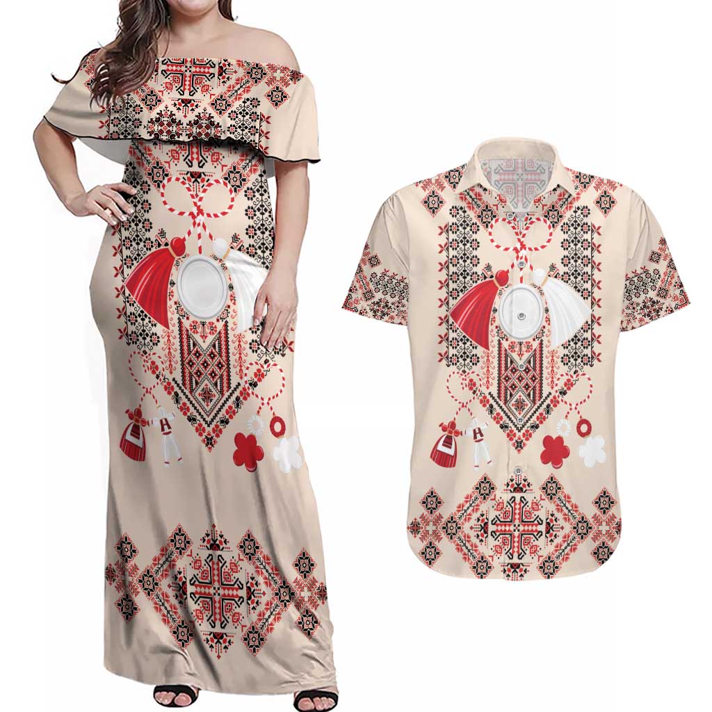 Vintage Martisor Day Martenitsa Couples Matching Off Shoulder Maxi Dress and Hawaiian Shirt Traditional Romanian Embroidery No1