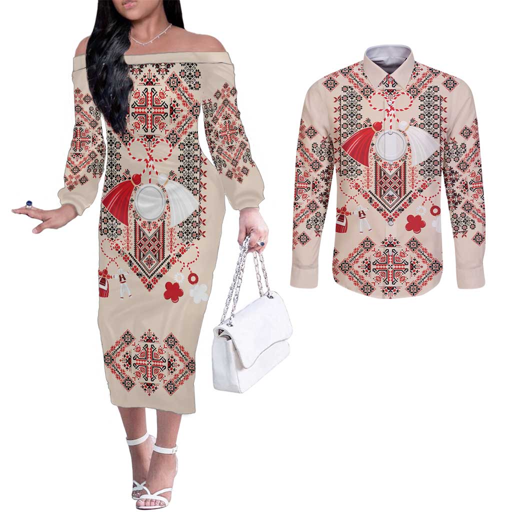 Vintage Martisor Day Martenitsa Couples Matching Off The Shoulder Long Sleeve Dress and Long Sleeve Button Shirt Traditional Romanian Embroidery No1