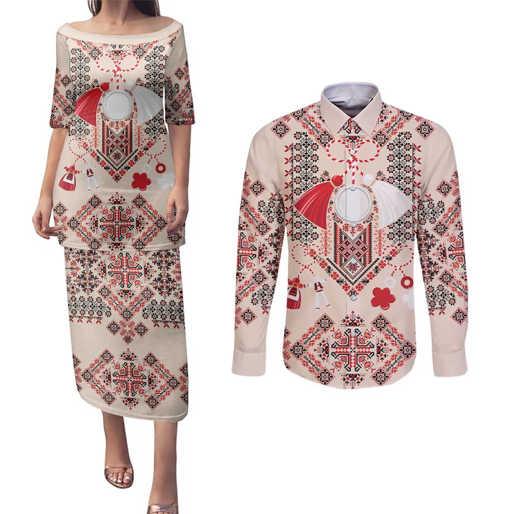 Vintage Martisor Day Martenitsa Couples Matching Puletasi and Long Sleeve Button Shirt Traditional Romanian Embroidery No1