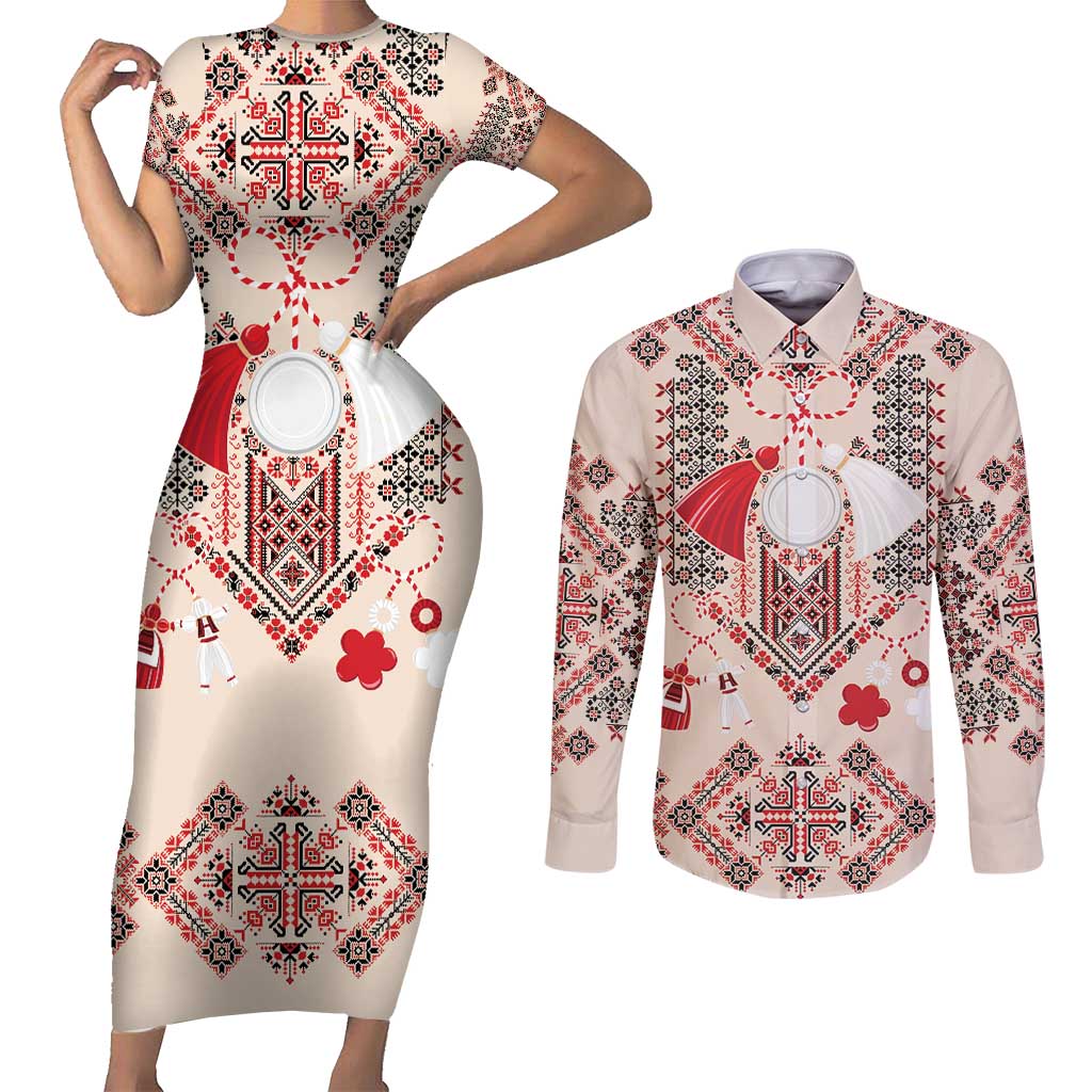 Vintage Martisor Day Martenitsa Couples Matching Short Sleeve Bodycon Dress and Long Sleeve Button Shirt Traditional Romanian Embroidery No1