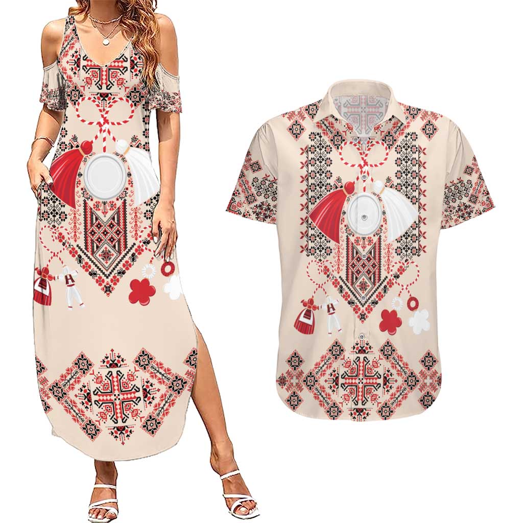 Vintage Martisor Day Martenitsa Couples Matching Summer Maxi Dress and Hawaiian Shirt Traditional Romanian Embroidery No1