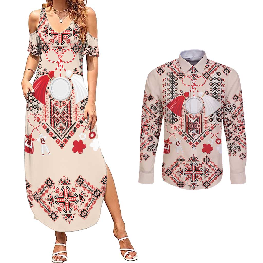 Vintage Martisor Day Martenitsa Couples Matching Summer Maxi Dress and Long Sleeve Button Shirt Traditional Romanian Embroidery No1