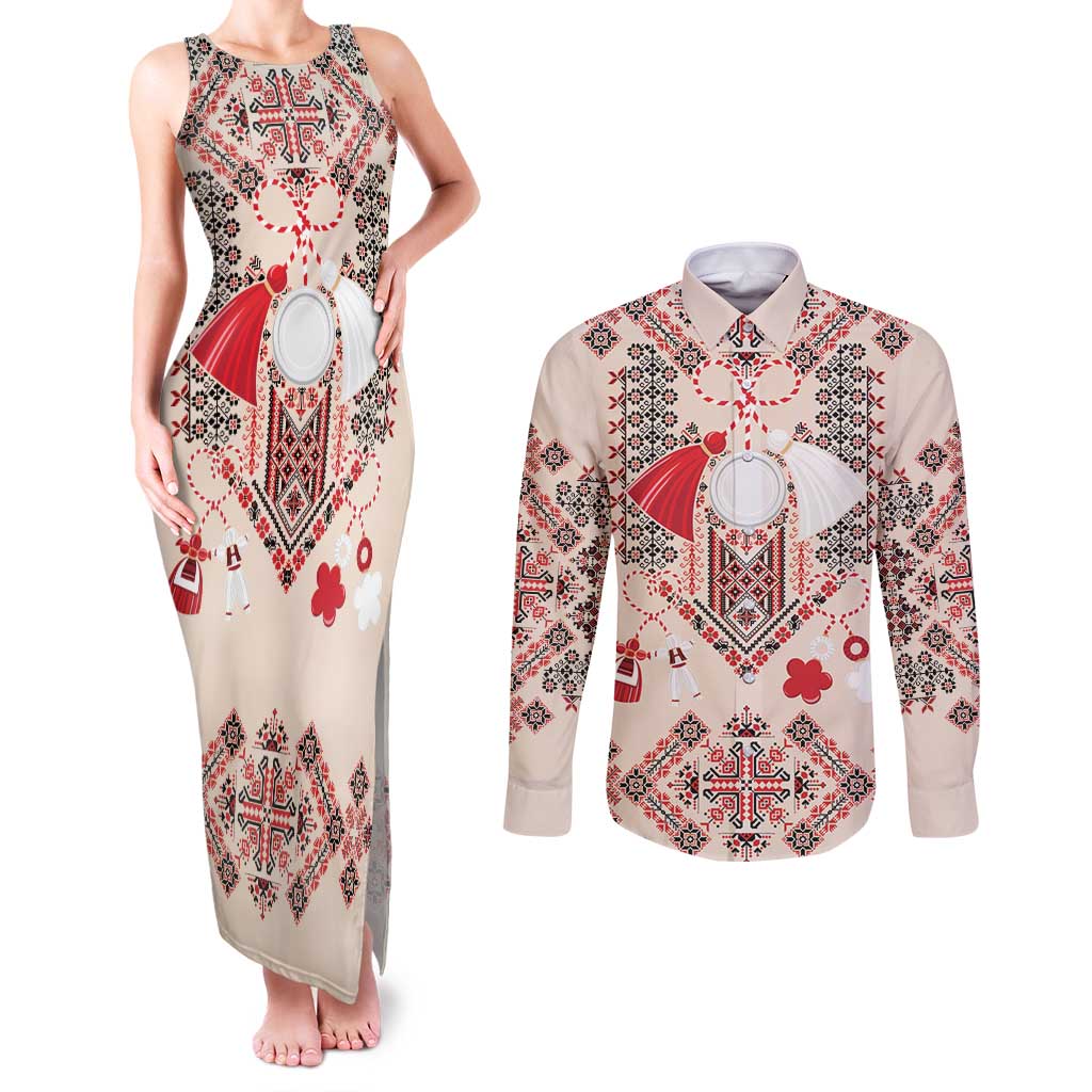 Vintage Martisor Day Martenitsa Couples Matching Tank Maxi Dress and Long Sleeve Button Shirt Traditional Romanian Embroidery No1