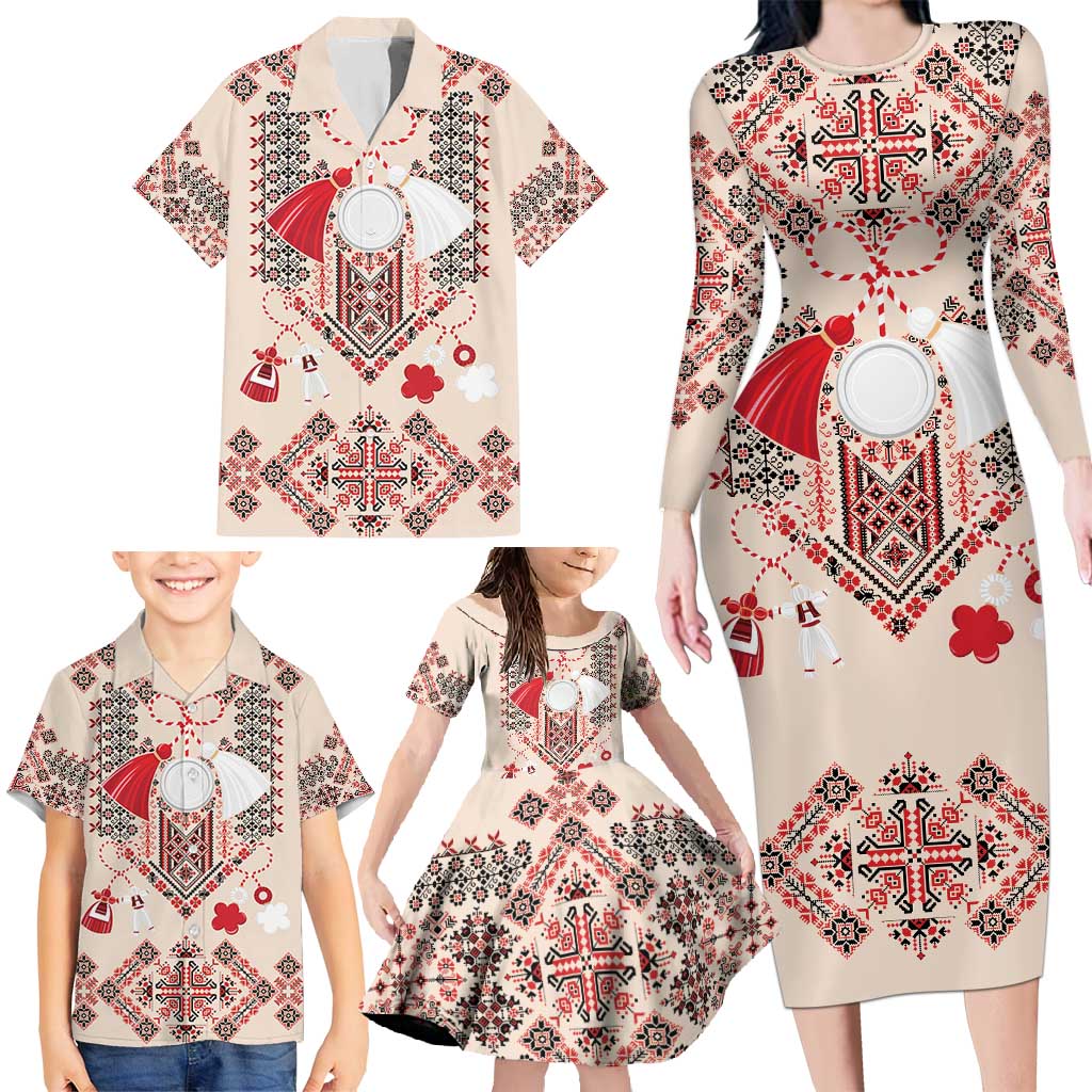 Vintage Martisor Day Martenitsa Family Matching Long Sleeve Bodycon Dress and Hawaiian Shirt Traditional Romanian Embroidery No1