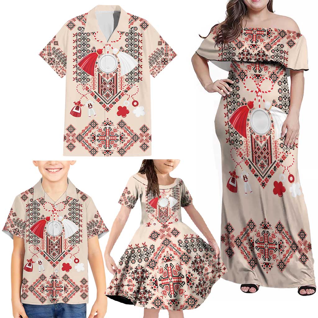 Vintage Martisor Day Martenitsa Family Matching Off Shoulder Maxi Dress and Hawaiian Shirt Traditional Romanian Embroidery No1