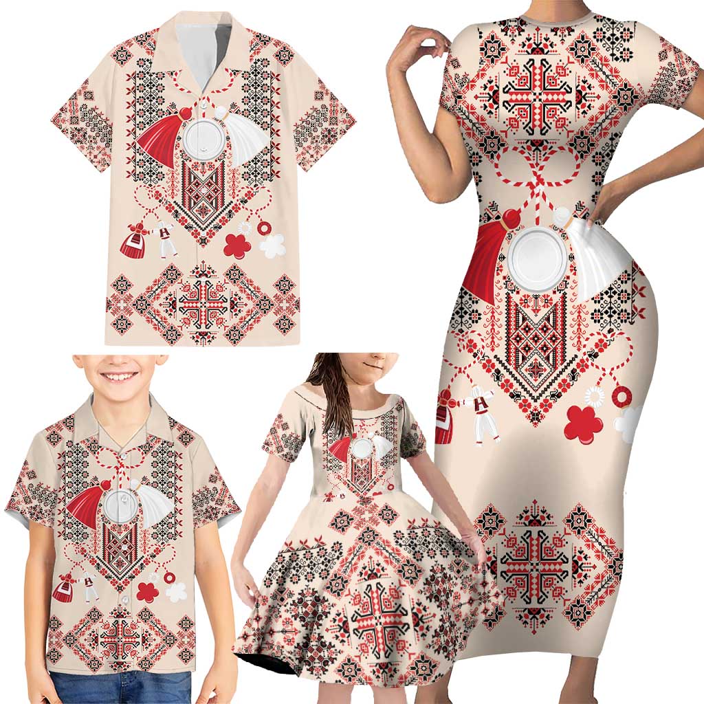 Vintage Martisor Day Martenitsa Family Matching Short Sleeve Bodycon Dress and Hawaiian Shirt Traditional Romanian Embroidery No1