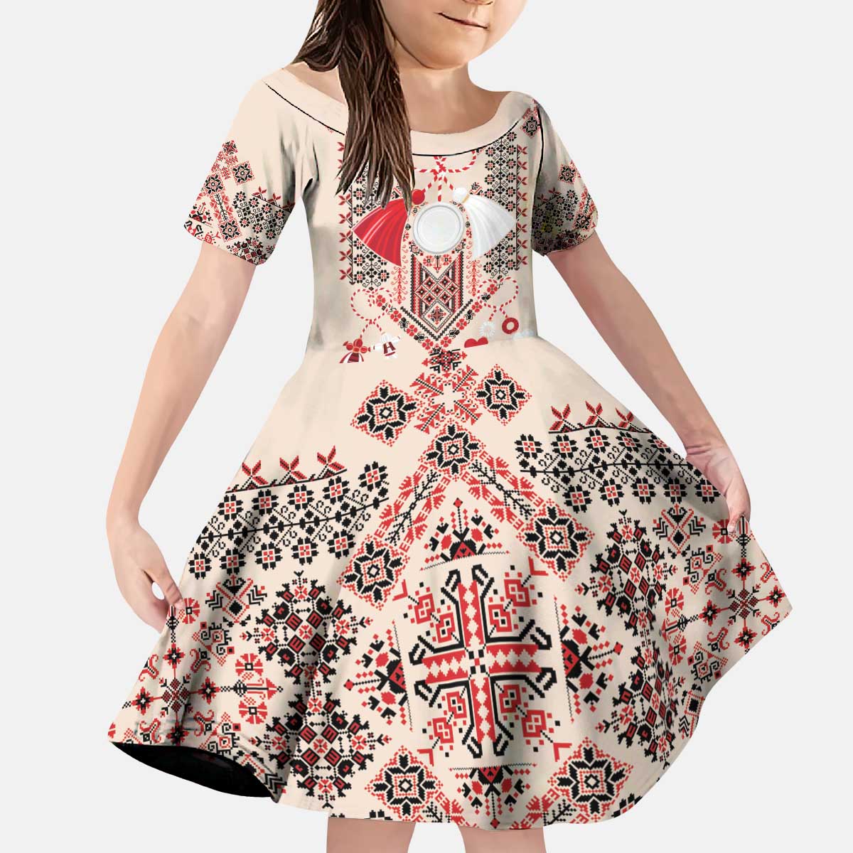 Vintage Martisor Day Martenitsa Kid Short Sleeve Dress Traditional Romanian Embroidery No1