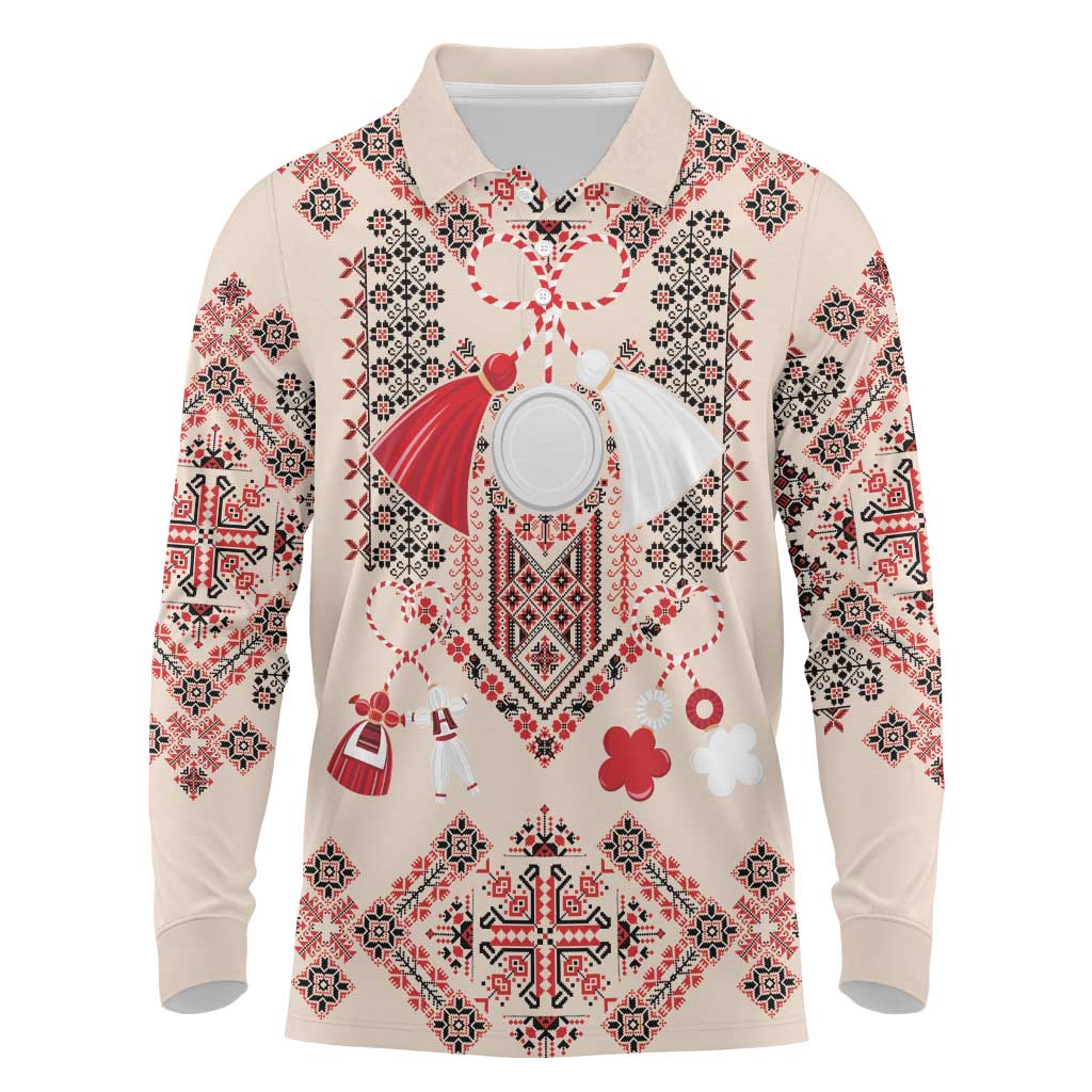 Vintage Martisor Day Martenitsa Long Sleeve Polo Shirt Traditional Romanian Embroidery No1