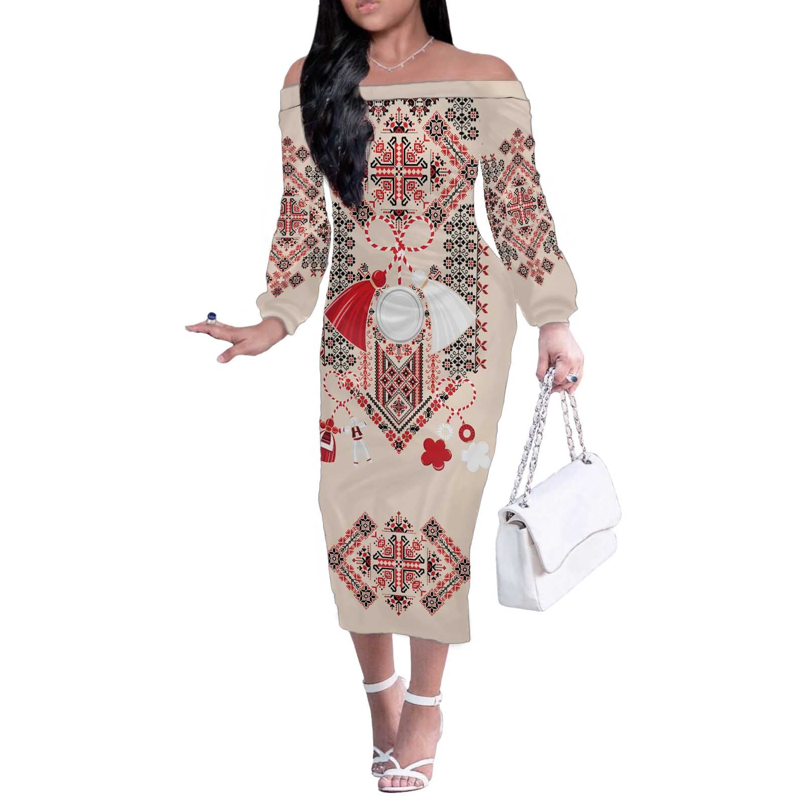 Vintage Martisor Day Martenitsa Off The Shoulder Long Sleeve Dress Traditional Romanian Embroidery No1