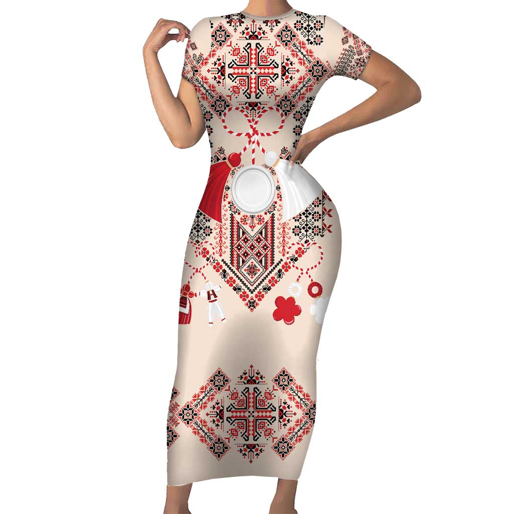 Vintage Martisor Day Martenitsa Short Sleeve Bodycon Dress Traditional Romanian Embroidery No1