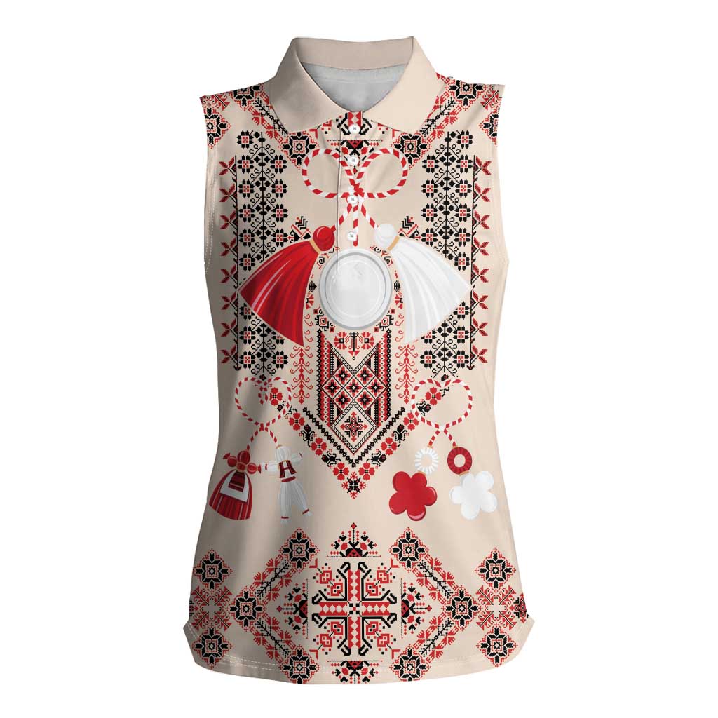 Vintage Martisor Day Martenitsa Women Sleeveless Polo Shirt Traditional Romanian Embroidery No1