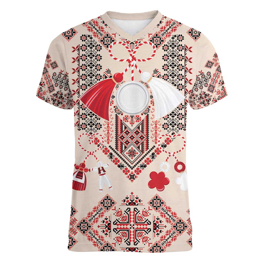 Vintage Martisor Day Martenitsa Women V-Neck T-Shirt Traditional Romanian Embroidery No1