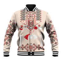 Beige baseball jacket with red folk embroidery and striped rib collar, button front