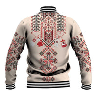 Beige baseball jacket back with red folk embroidery pattern and striped rib hem cuffs