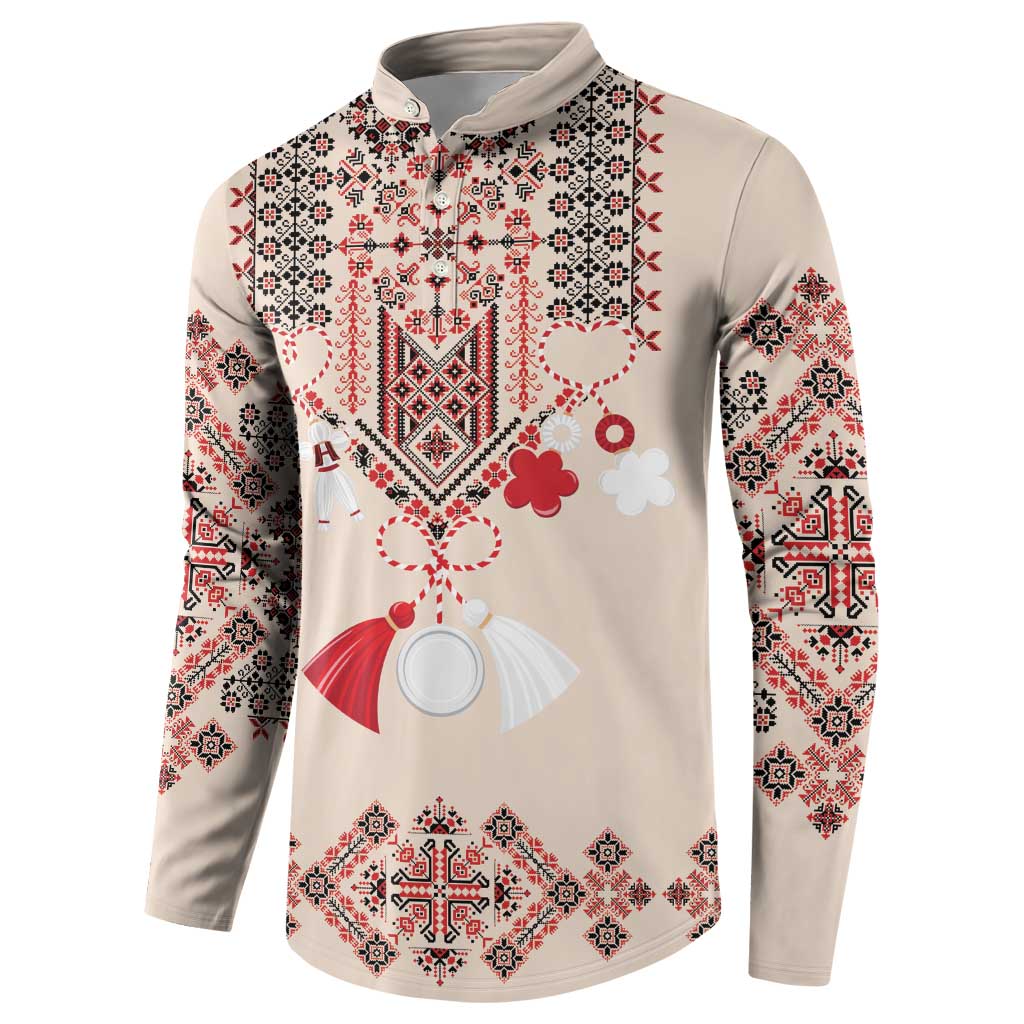 Beige button-placket sweatshirt with long sleeves and red/white folk embroidery on front