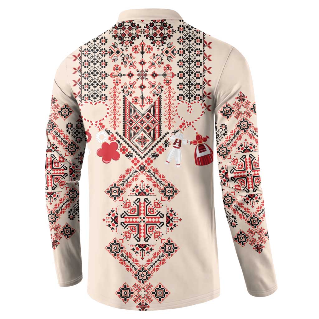 Beige button-placket sweatshirt, back view, long sleeves, red/white folk embroidery