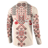 Beige button-placket sweatshirt, back view, long sleeves, red/white folk embroidery