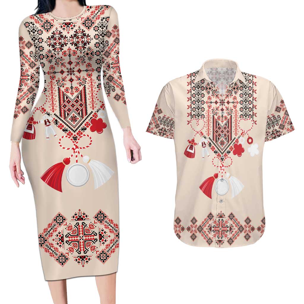 Vintage Martisor Day Martenitsa Couples Matching Long Sleeve Bodycon Dress and Hawaiian Shirt Traditional Romanian Embroidery No2