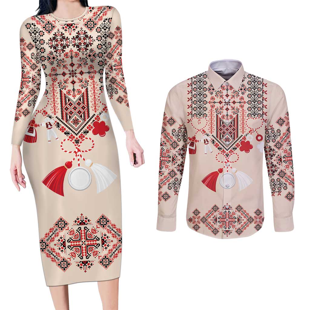 Vintage Martisor Day Martenitsa Couples Matching Long Sleeve Bodycon Dress and Long Sleeve Button Shirt Traditional Romanian Embroidery No2