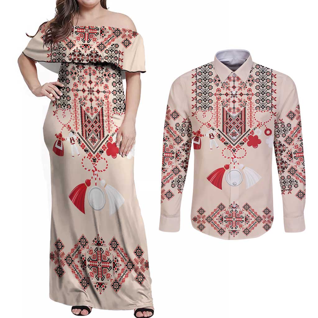 Vintage Martisor Day Martenitsa Couples Matching Off Shoulder Maxi Dress and Long Sleeve Button Shirt Traditional Romanian Embroidery No2